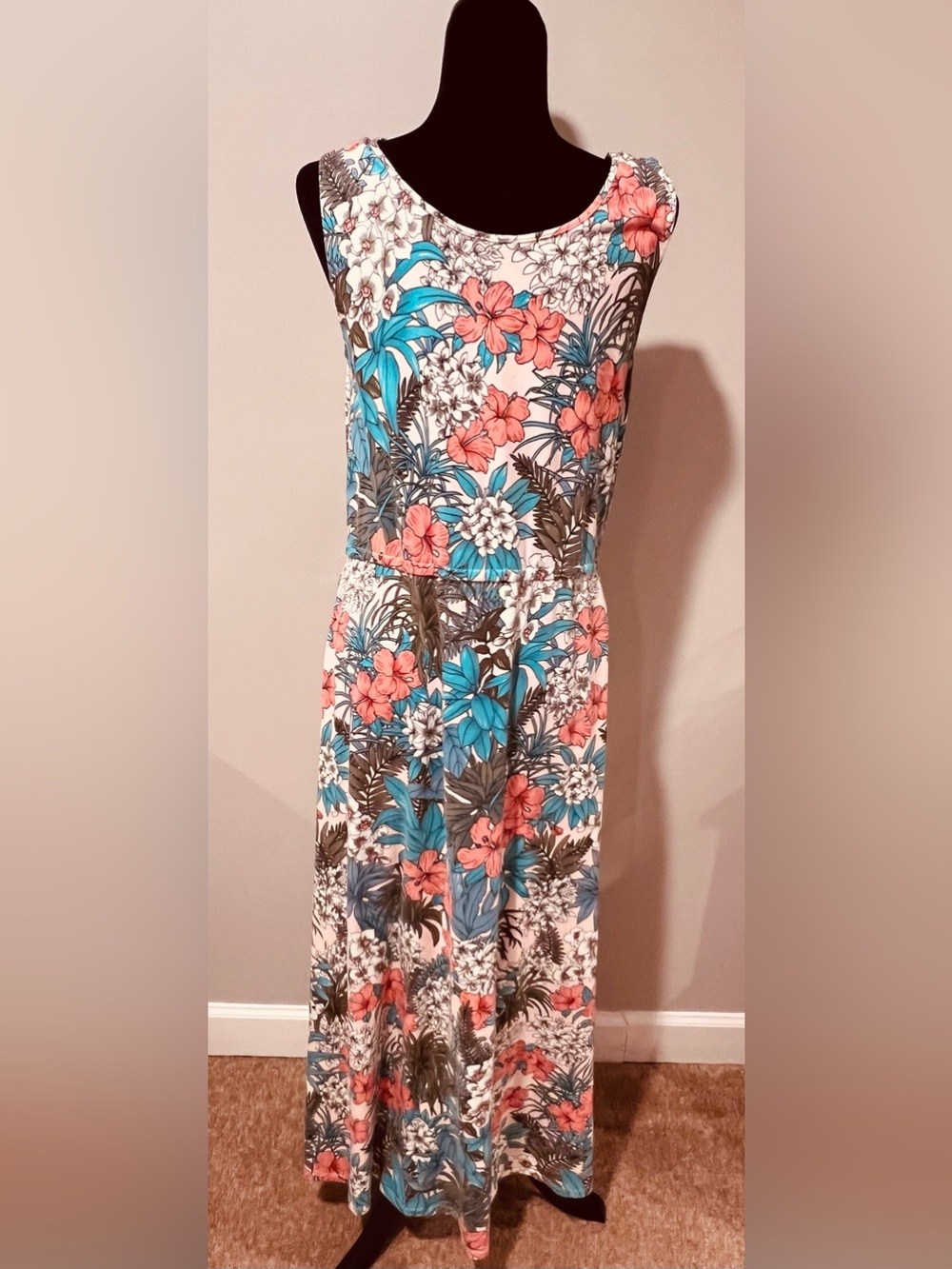 Talbots Pink Hawaiian Floral Keyhole Maxi Dress with Teal Accents, size Large - Picture 5 of 7